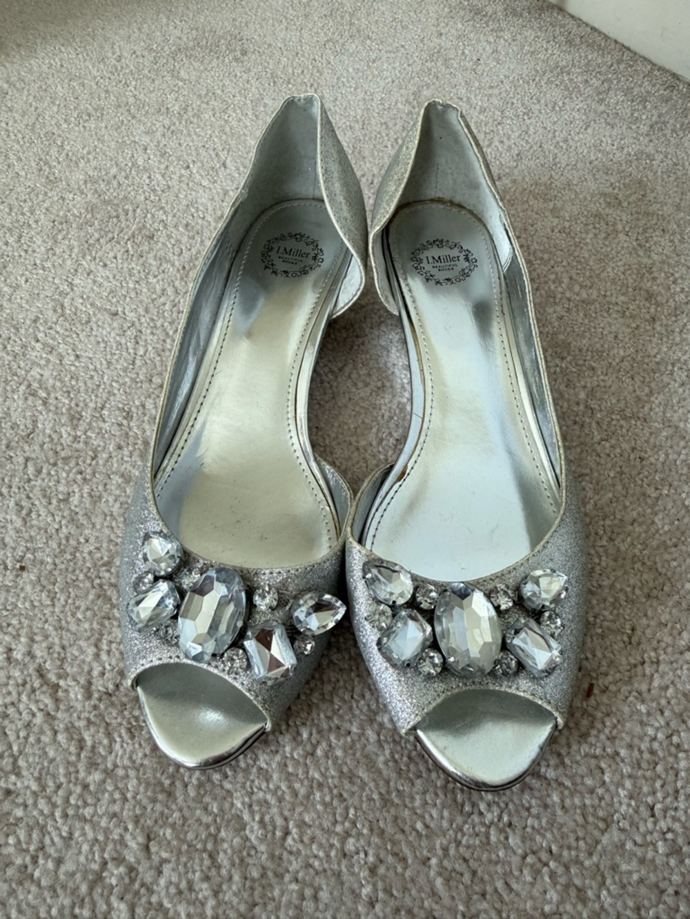 IMiller Silver Glitter Flats Womens 9.5 Peep Toe Rhinestone Dress Shoes